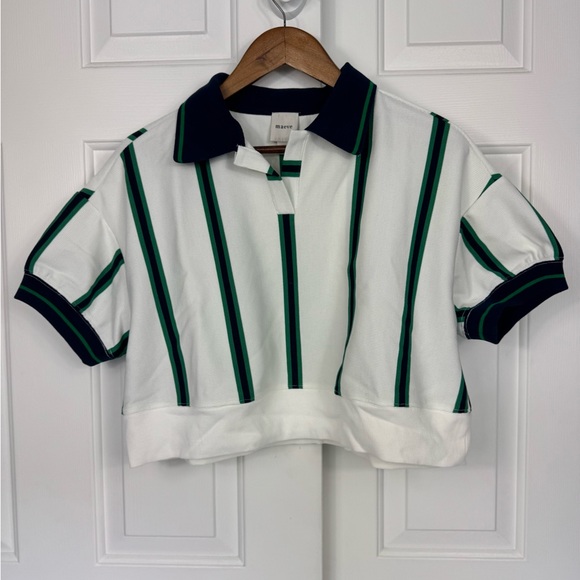 Maeve Tops - Maeve White, Green, Navy Striped Crop Polo Top‎ Women’s Size Small New With Tags